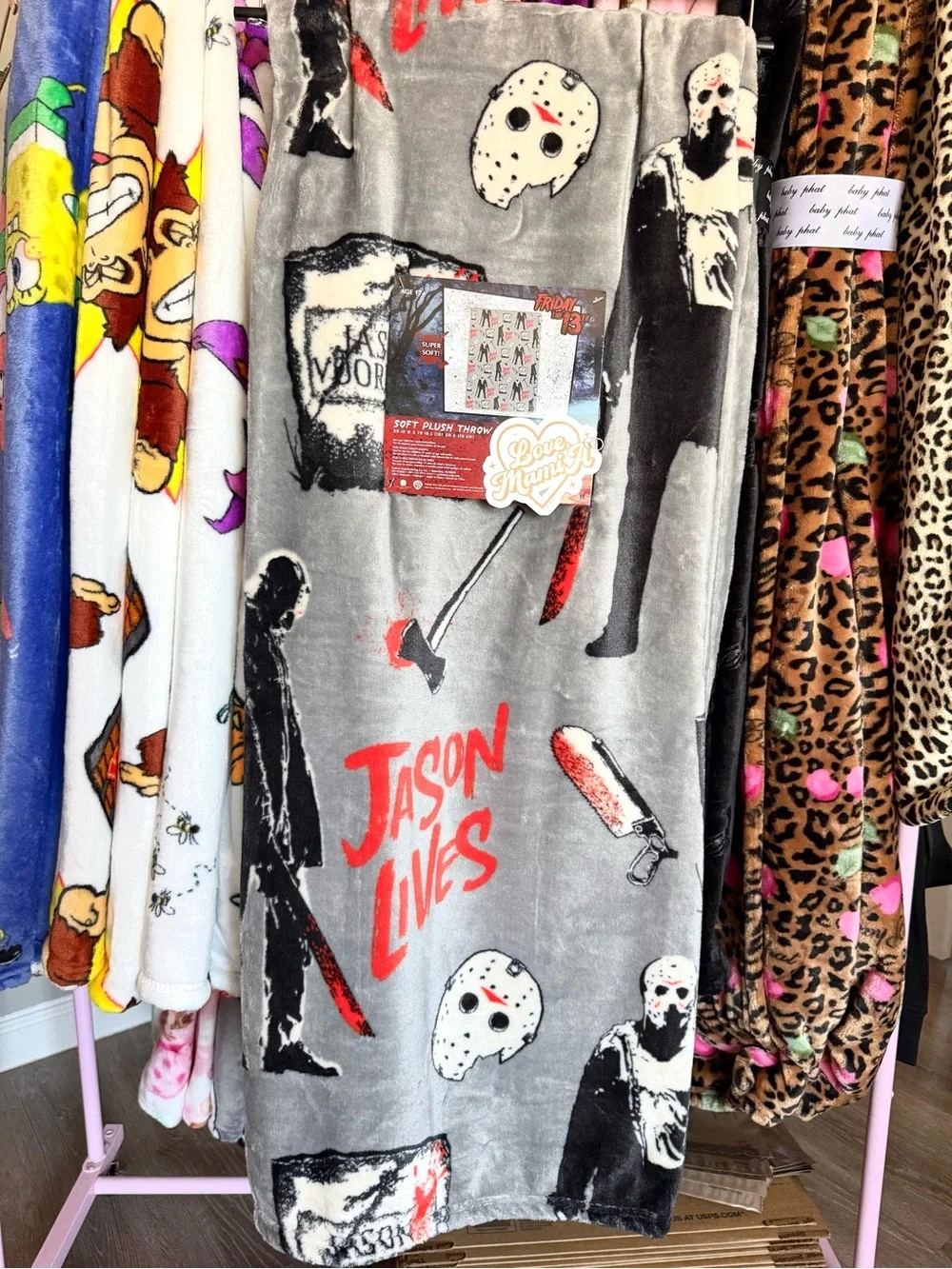 Jason Lives Plush Throw Blanket - Gray with Red & Black Horror Print